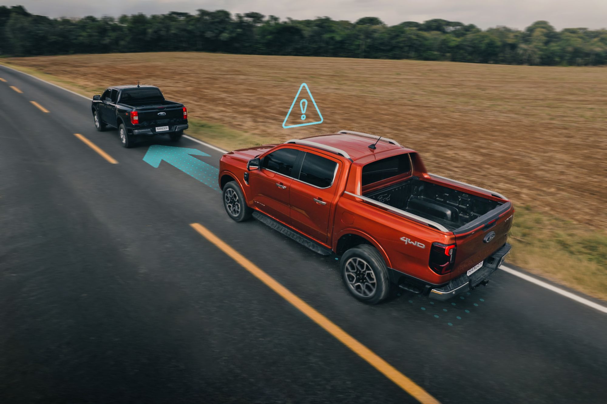 Ilustração CGI da frenagem autônoma de emergência do Ford Ranger 2024